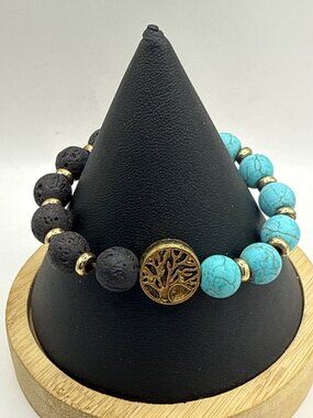 Tree of Life Turquoise & Black Lava Rock Diffuser Bracelet Gold Accent Boho Zen